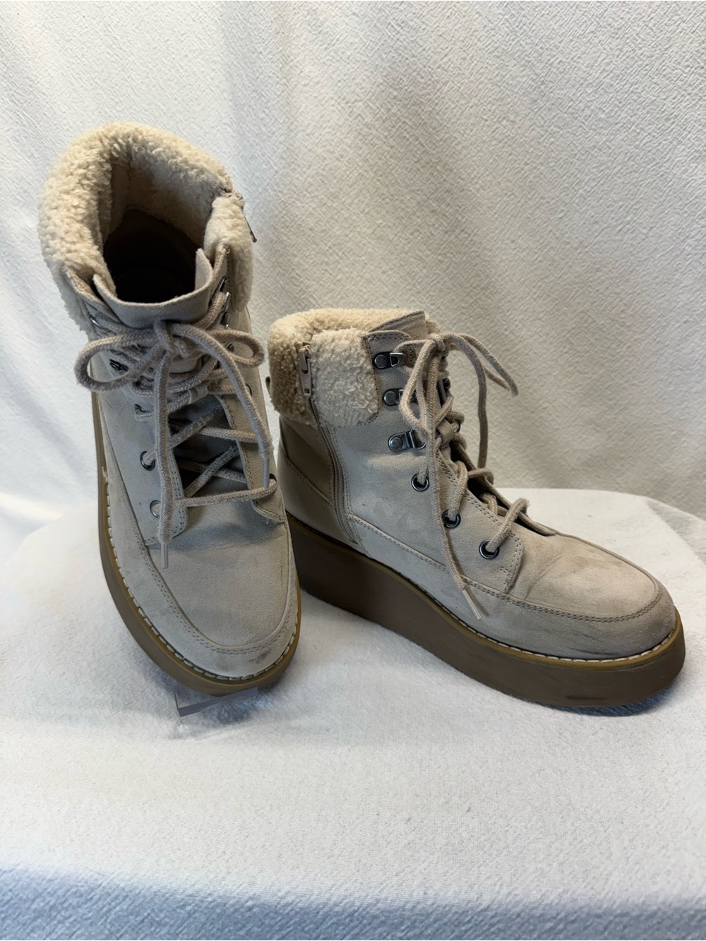 Y2K Winter Fairy Off White Platform Boots Faux Shearling Lace Up Chunky Sole